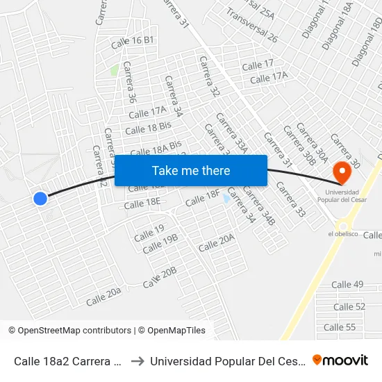 Calle 18a2 Carrera 43 to Universidad Popular Del Cesar map