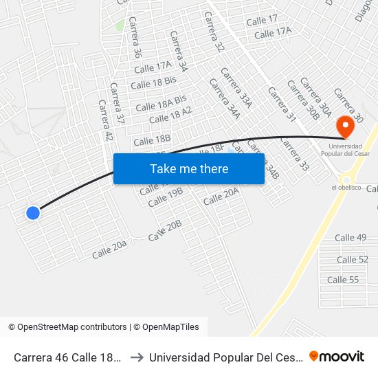 Carrera 46 Calle 18e2 to Universidad Popular Del Cesar map