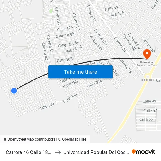 Carrera 46 Calle 18e2 to Universidad Popular Del Cesar map
