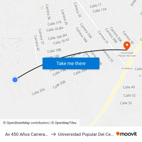 Av 450 Años Carrera 45 to Universidad Popular Del Cesar map