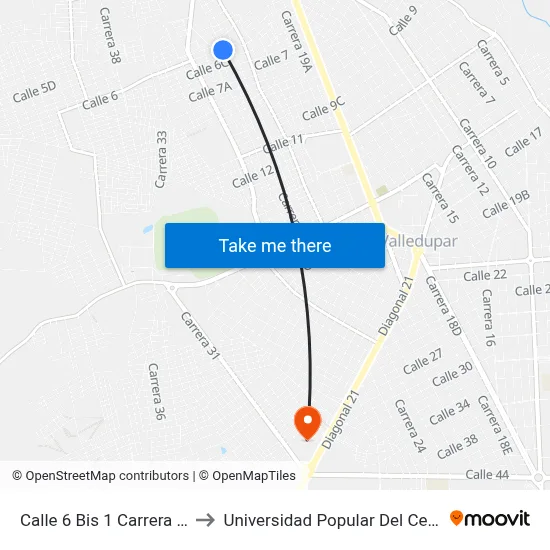 Calle 6 Bis 1 Carrera 20 to Universidad Popular Del Cesar map