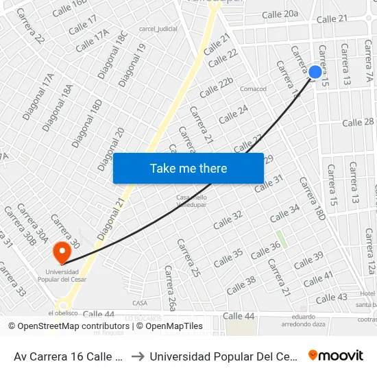 Av Carrera 16 Calle 23 to Universidad Popular Del Cesar map