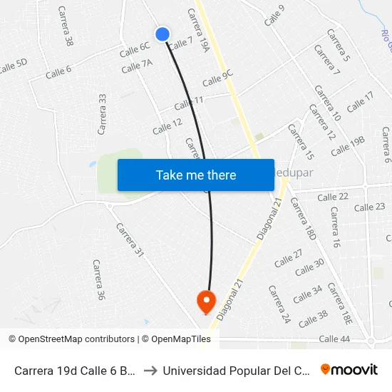 Carrera 19d Calle 6 Bis 1 to Universidad Popular Del Cesar map