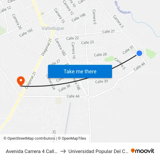 Avenida Carrera 4 Calle 34 to Universidad Popular Del Cesar map
