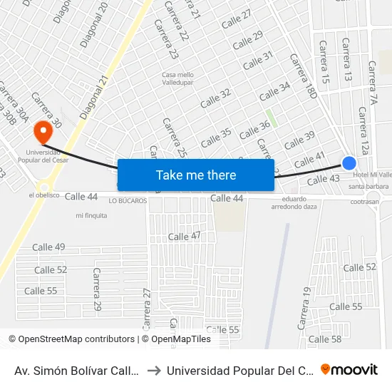 Av. Simón Bolívar Calle 42 to Universidad Popular Del Cesar map