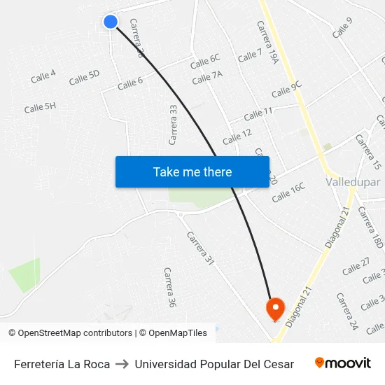 Ferretería La Roca to Universidad Popular Del Cesar map