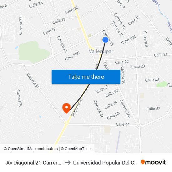 Av Diagonal 21 Carrera 16 to Universidad Popular Del Cesar map
