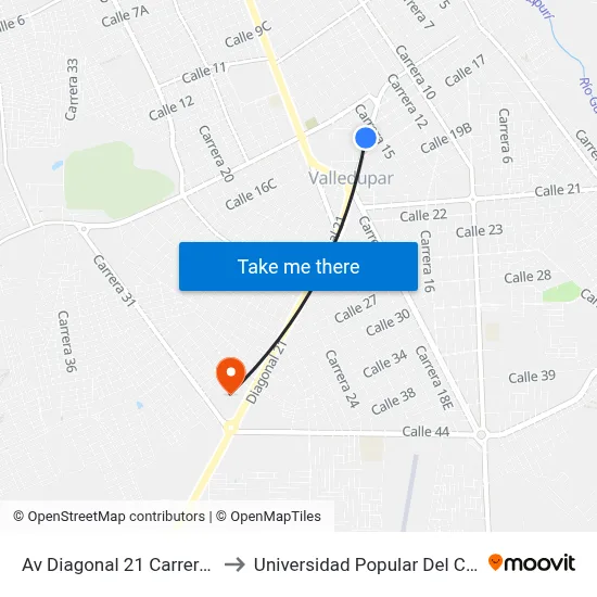 Av Diagonal 21 Carrera 16 to Universidad Popular Del Cesar map