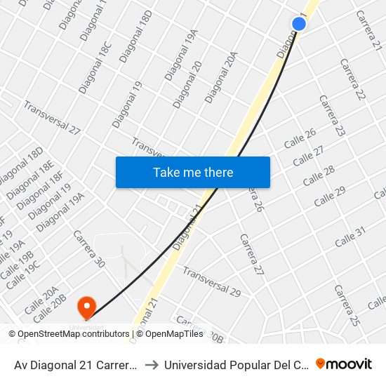 Av Diagonal 21 Carrera 22 to Universidad Popular Del Cesar map