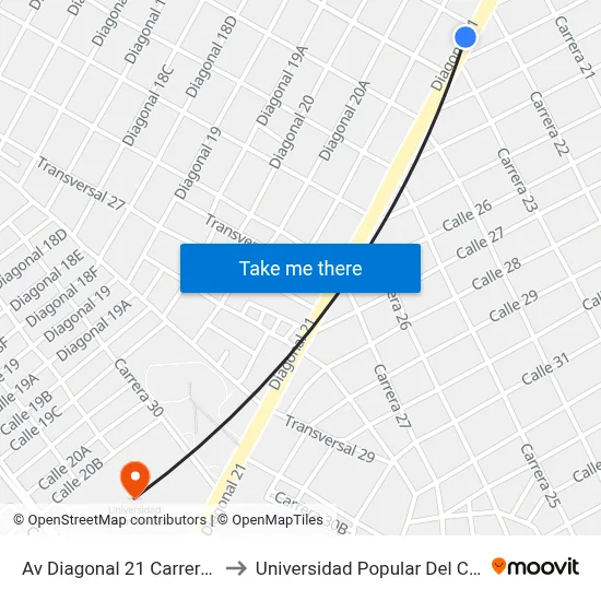 Av Diagonal 21 Carrera 22 to Universidad Popular Del Cesar map