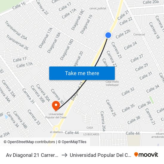 Av Diagonal 21 Carrera 21 to Universidad Popular Del Cesar map