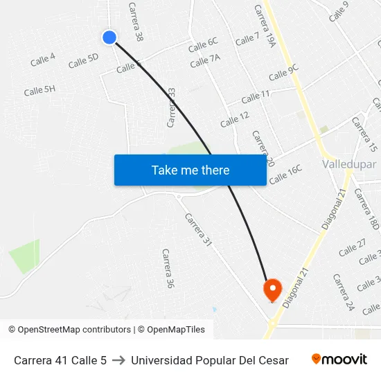 Carrera 41 Calle 5 to Universidad Popular Del Cesar map