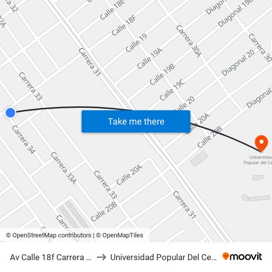 Av Calle 18f Carrera 33 to Universidad Popular Del Cesar map