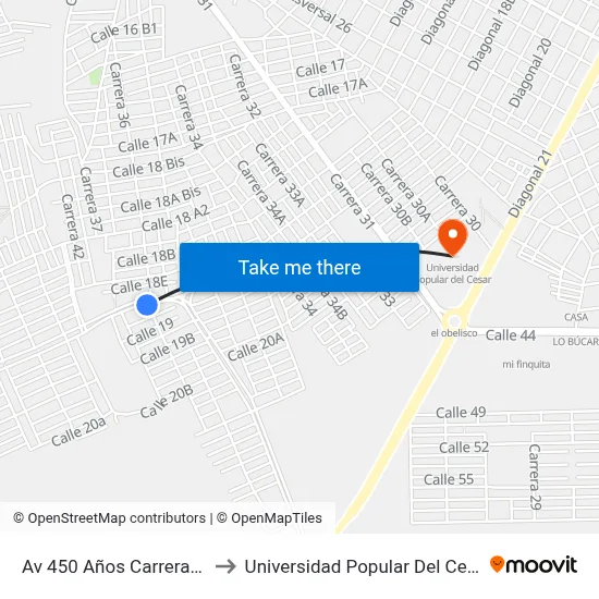 Av 450 Años Carrera 36 to Universidad Popular Del Cesar map