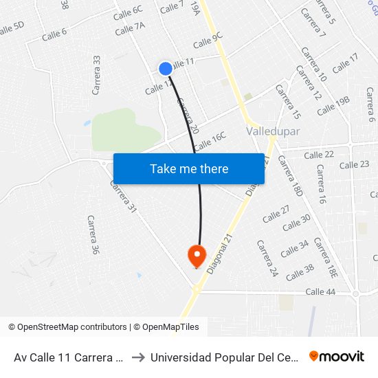 Av Calle 11 Carrera 20 to Universidad Popular Del Cesar map