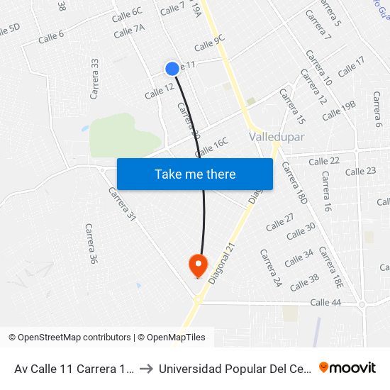 Av Calle 11 Carrera 19e to Universidad Popular Del Cesar map