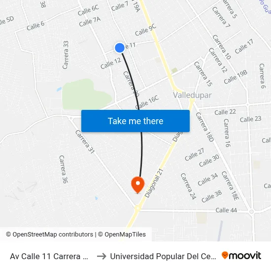 Av Calle 11 Carrera 19e to Universidad Popular Del Cesar map