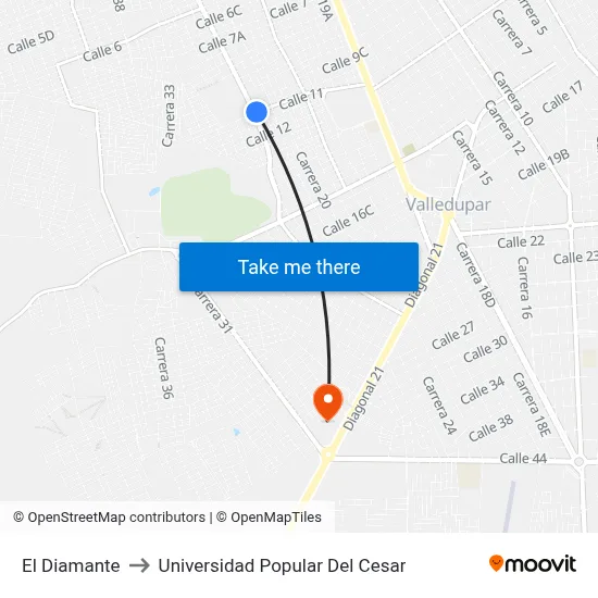 El Diamante to Universidad Popular Del Cesar map