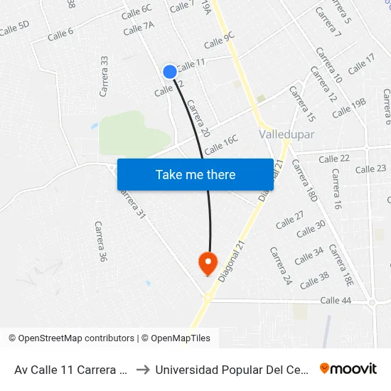Av Calle 11 Carrera 21 to Universidad Popular Del Cesar map