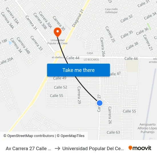 Av Carrera 27 Calle 52 to Universidad Popular Del Cesar map