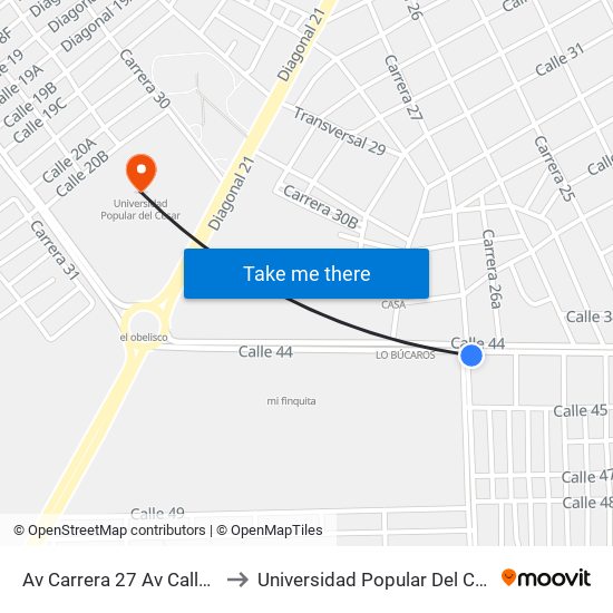 Av Carrera 27  Av Calle 44 to Universidad Popular Del Cesar map