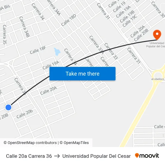 Calle 20a Carrera 36 to Universidad Popular Del Cesar map