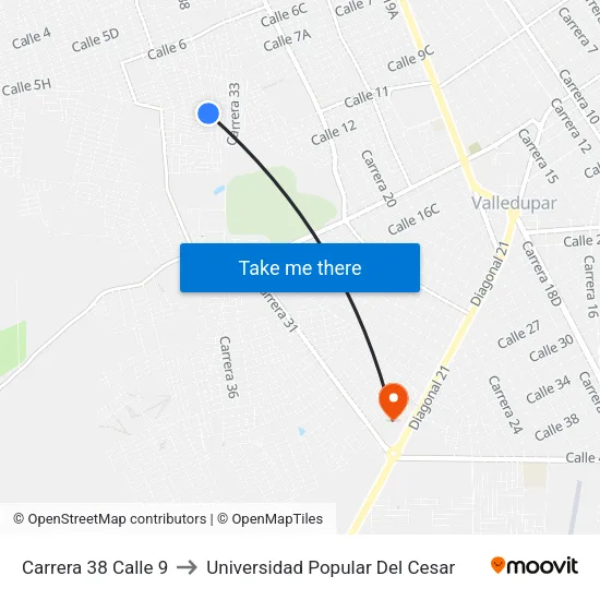 Carrera 38 Calle 9 to Universidad Popular Del Cesar map