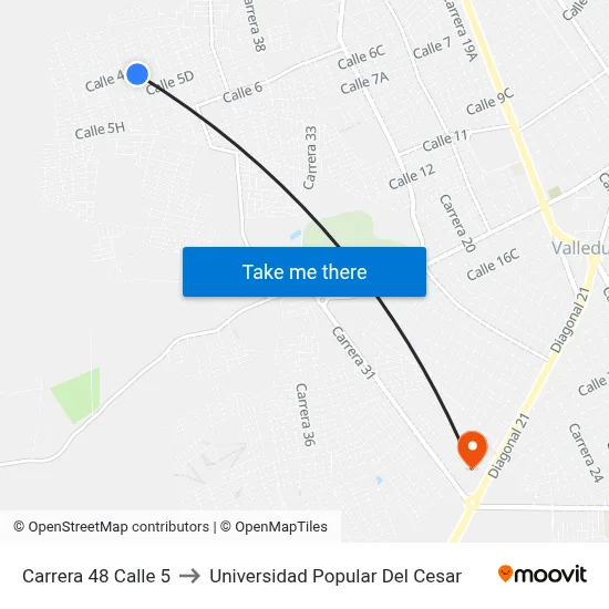 Carrera 48 Calle 5 to Universidad Popular Del Cesar map