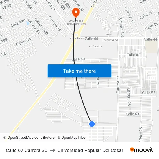 Calle 67 Carrera 30 to Universidad Popular Del Cesar map