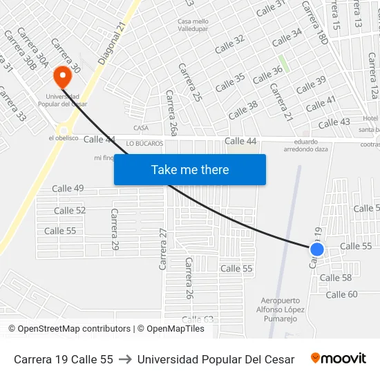Carrera 19 Calle 55 to Universidad Popular Del Cesar map