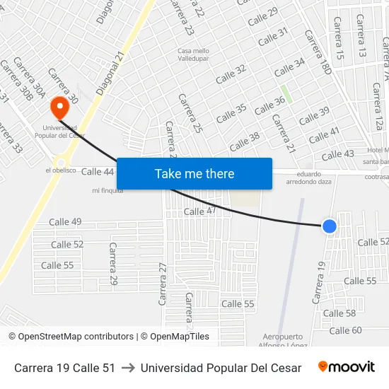 Carrera 19 Calle 51 to Universidad Popular Del Cesar map