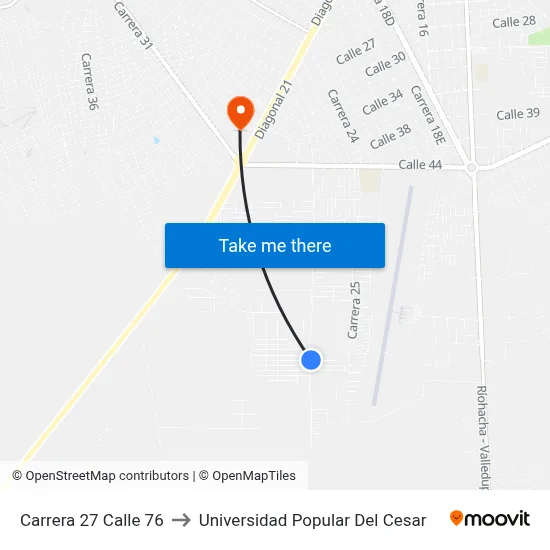 Carrera 27 Calle 76 to Universidad Popular Del Cesar map