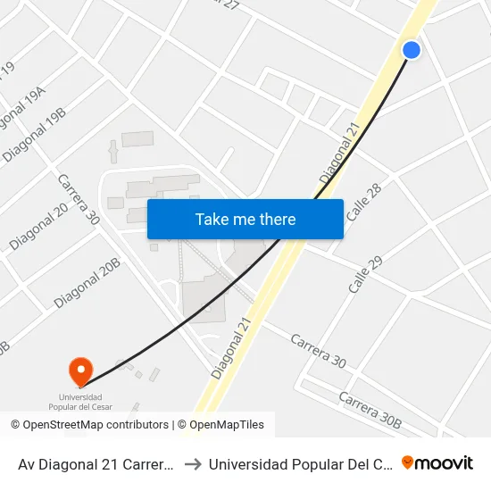 Av Diagonal 21 Carrera 27 to Universidad Popular Del Cesar map