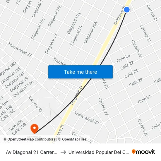 Av Diagonal 21 Carrera 22 to Universidad Popular Del Cesar map