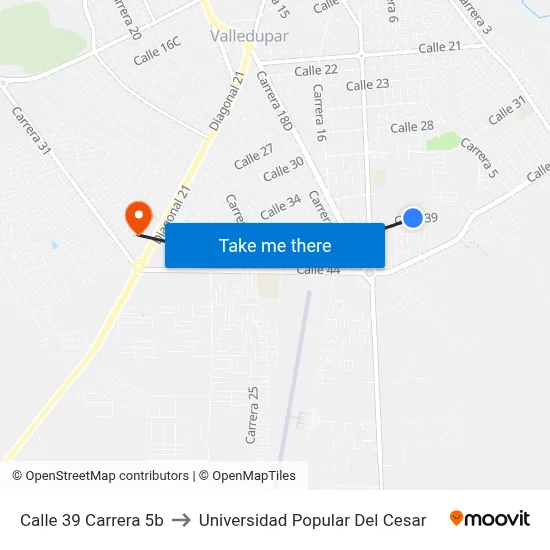 Calle 39 Carrera 5b to Universidad Popular Del Cesar map