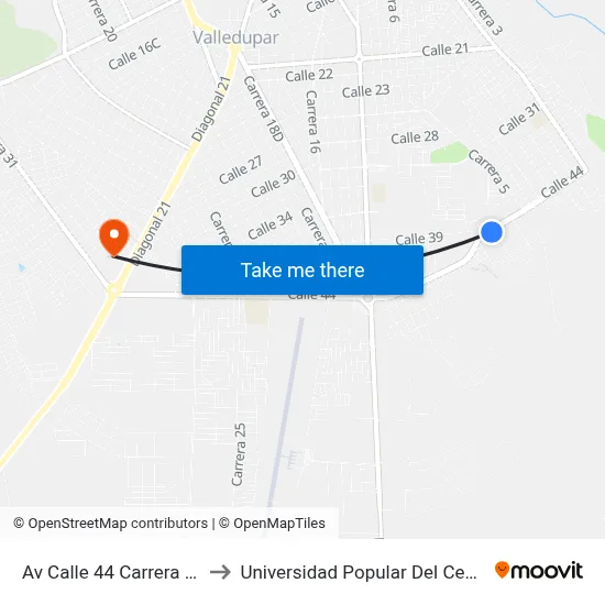 Av Calle 44 Carrera 5a to Universidad Popular Del Cesar map