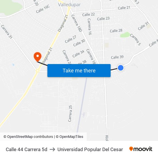 Calle 44 Carrera 5d to Universidad Popular Del Cesar map