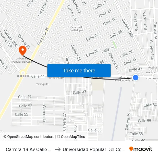 Carrera 19 Av Calle 44 to Universidad Popular Del Cesar map