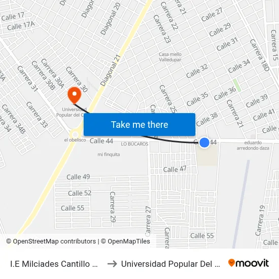 I.E Milciades Cantillo Costa to Universidad Popular Del Cesar map