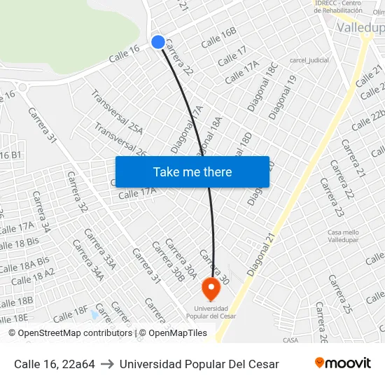 Calle 16, 22a64 to Universidad Popular Del Cesar map