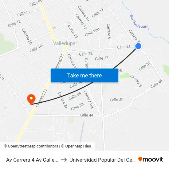 Av Carrera 4 Av Calle 21 to Universidad Popular Del Cesar map