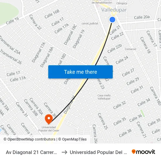 Av Diagonal 21 Carrera 18d to Universidad Popular Del Cesar map