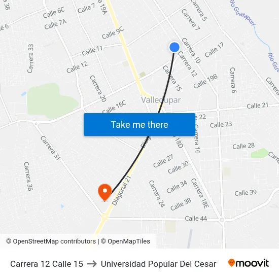 Carrera 12 Calle 15 to Universidad Popular Del Cesar map