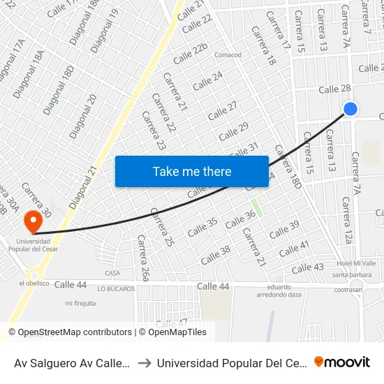 Av Salguero Av Calle 30 to Universidad Popular Del Cesar map