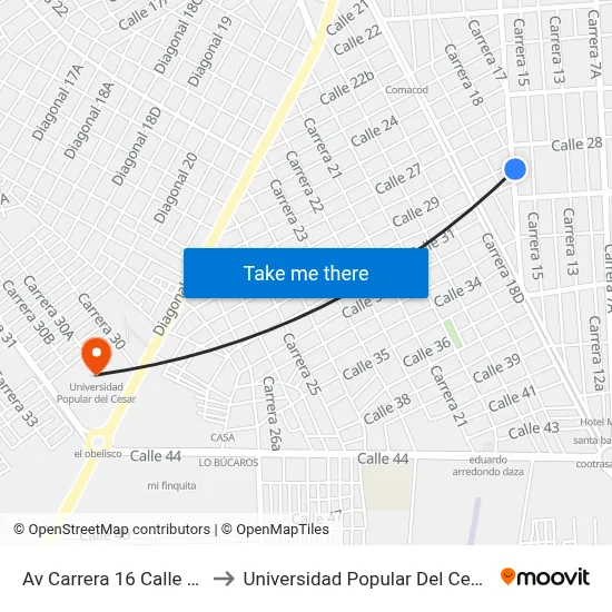 Av Carrera 16 Calle 28 to Universidad Popular Del Cesar map