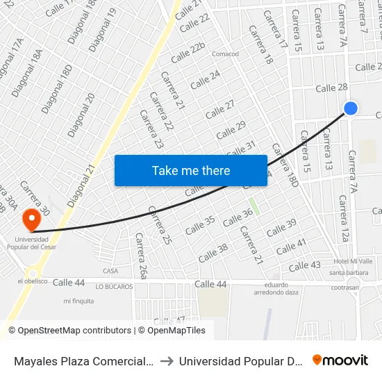 Mayales Plaza Comercial Etapa II to Universidad Popular Del Cesar map