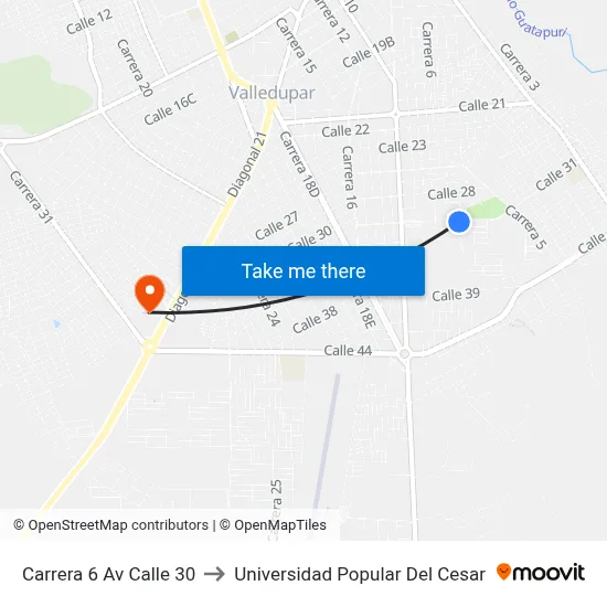Carrera 6 Av Calle 30 to Universidad Popular Del Cesar map