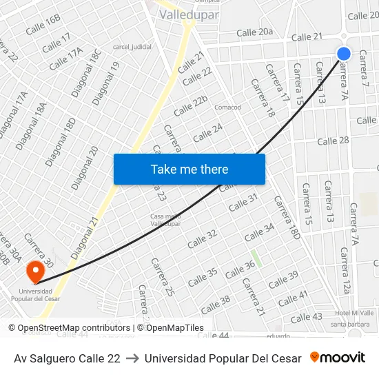 Av Salguero Calle 22 to Universidad Popular Del Cesar map