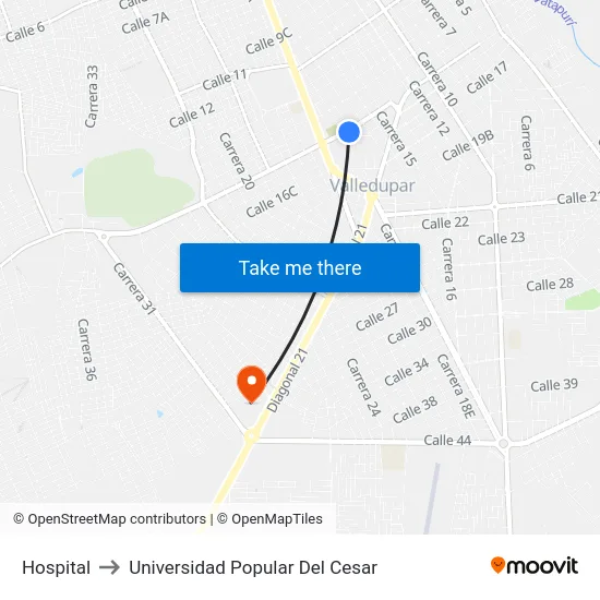 Hospital to Universidad Popular Del Cesar map
