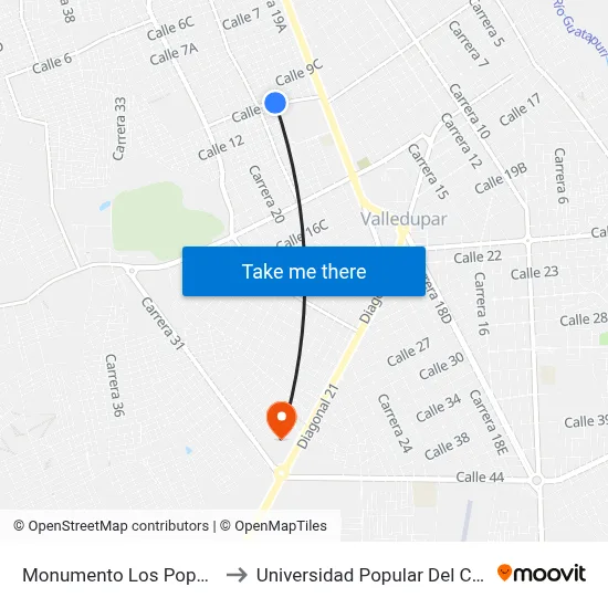 Monumento Los Poporos to Universidad Popular Del Cesar map